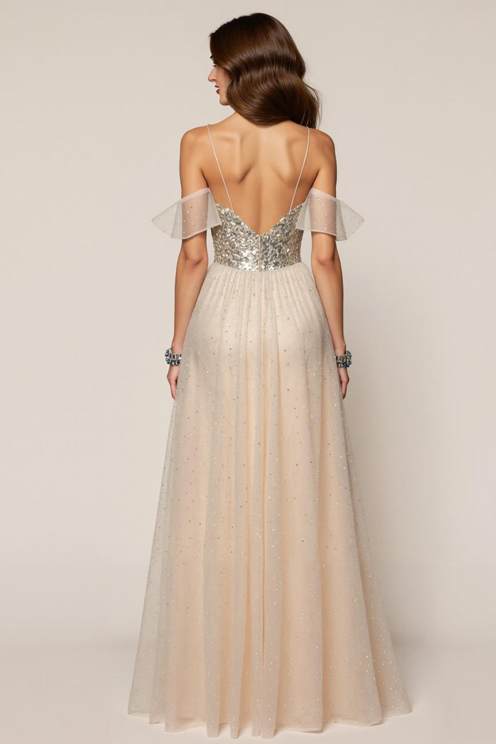 Sparkly Champagne Spaghetti Straps Sequin A-Line Maxi Formal Dress with Slit