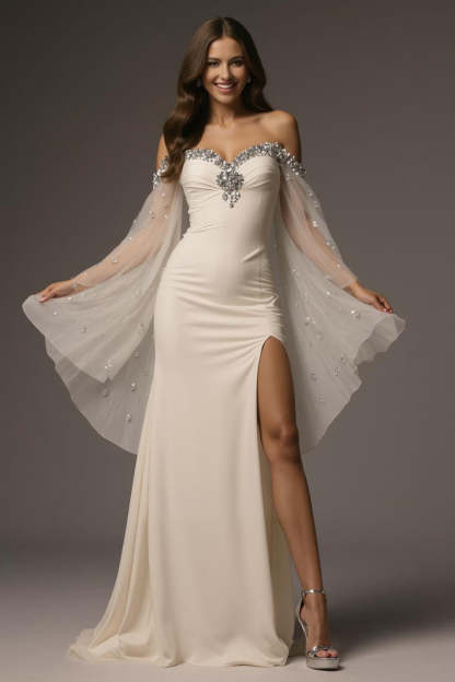 Leely Women Sparkly Ivory Mermaid Long Chiffon Formal Dress with Cape Off the Shoulder Pageant Dress with Slit