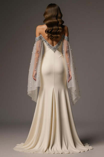 Sparkly Ivory Mermaid Off the Shoulder Long Formal Dress with Cape