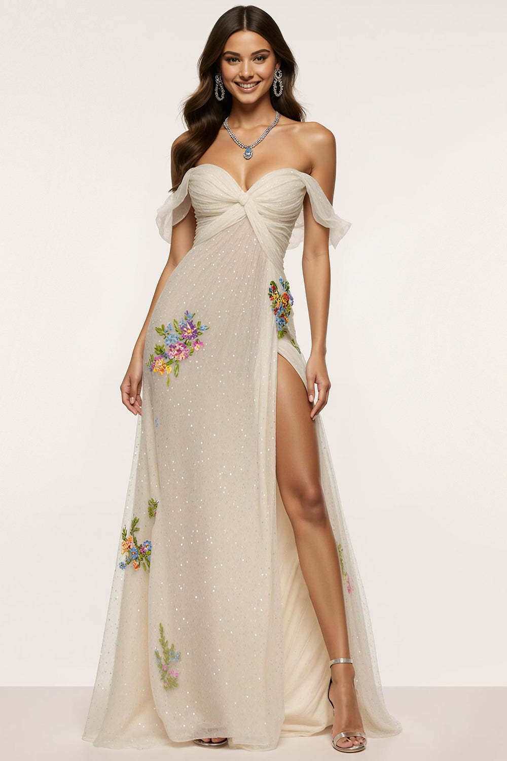 Leely Women Sparkly Ivory Maxi Floral Formal Dress with Slit Off the Shoulder Mermaid Holiday Party Dress
