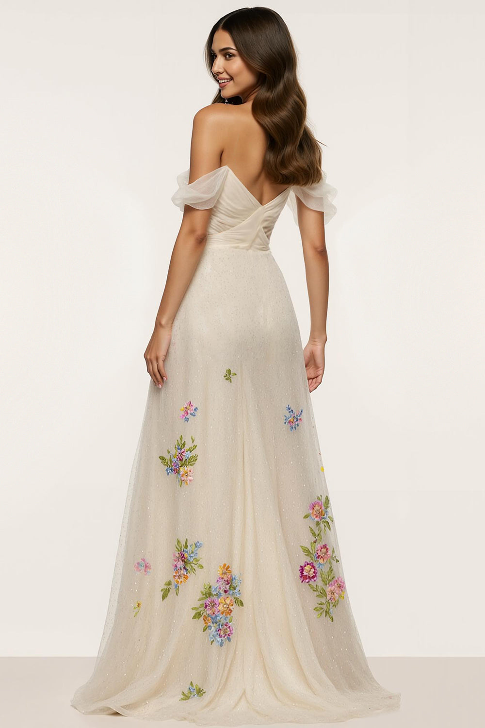 Sparkly Ivory Floral Off the Shoulder Mermaid Maxi Formal Dress with Slit