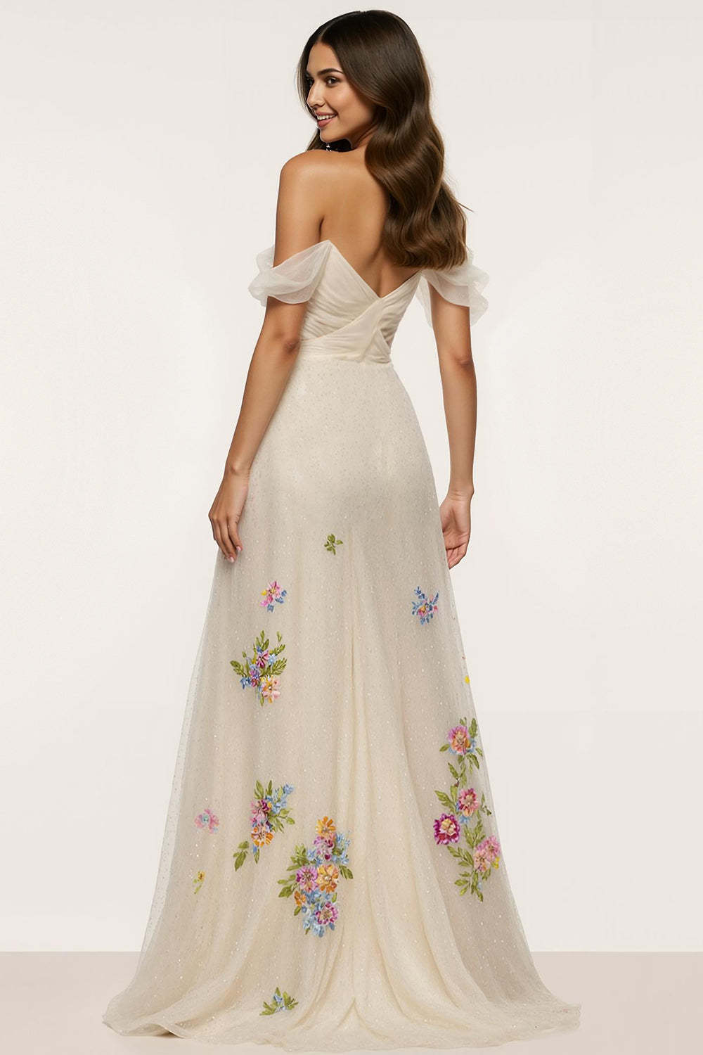 Sparkly Ivory Floral Off the Shoulder Mermaid Maxi Formal Dress with Slit