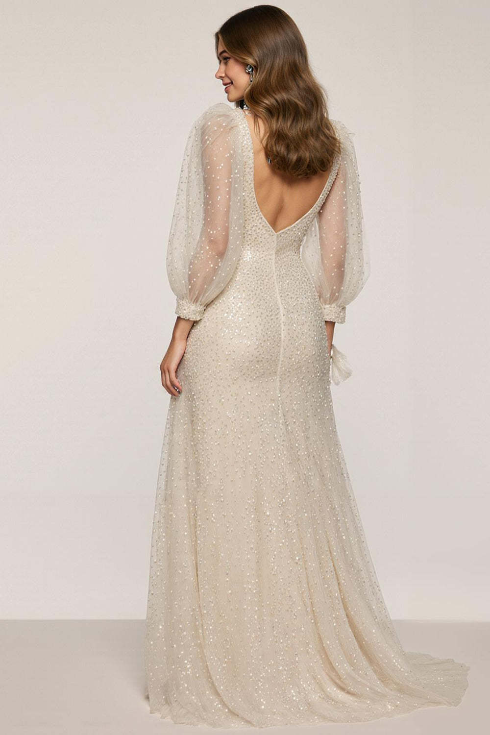 Sparkly Ivory Sequin V-Neck Mermaid Maxi Formal Dress with Slit