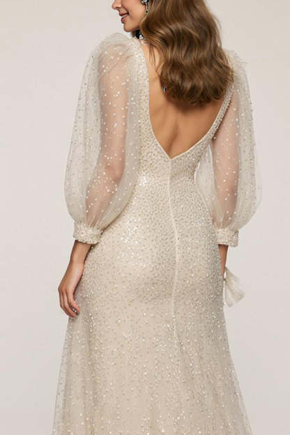 Sparkly Ivory Sequin V-Neck Mermaid Maxi Formal Dress with Slit
