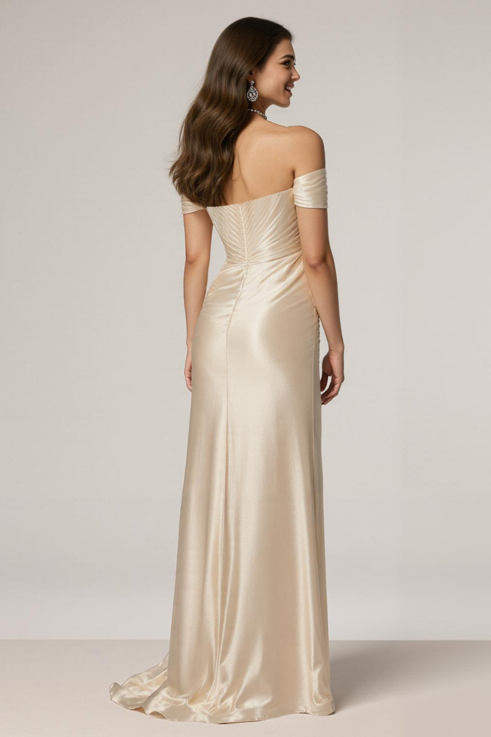 Champagne Mermaid Off the Shoulder Ruched Satin Long Formal Dress with Slit