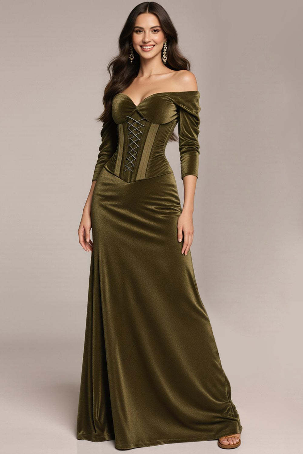 Leely Women Green Mermaid Corset Long Formal Dress with Sleeves Off the Shoulder Velvet Holiday Party Dress