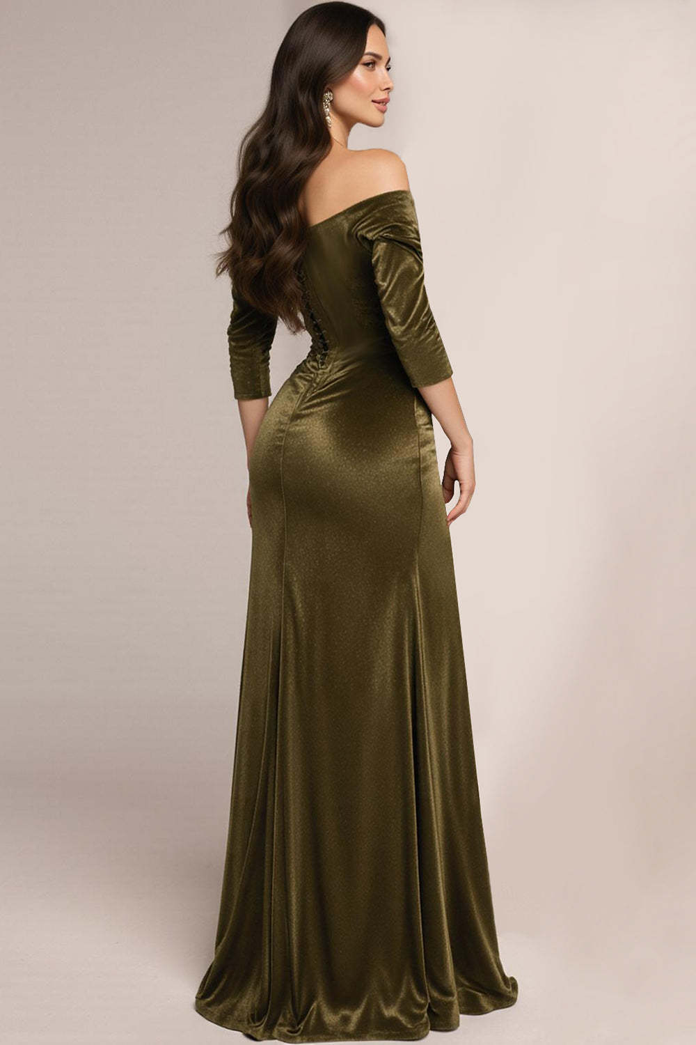 Green Corset Off the Shoulder Velvet Long Formal Dress with Sleeves