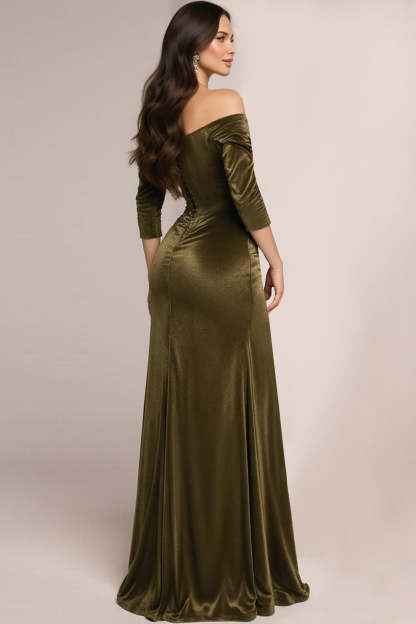 Green Corset Off the Shoulder Velvet Long Formal Dress with Sleeves