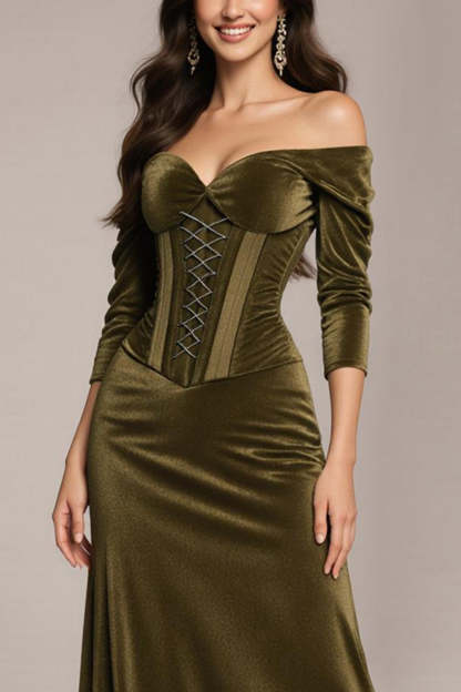 Green Corset Off the Shoulder Velvet Long Formal Dress with Sleeves