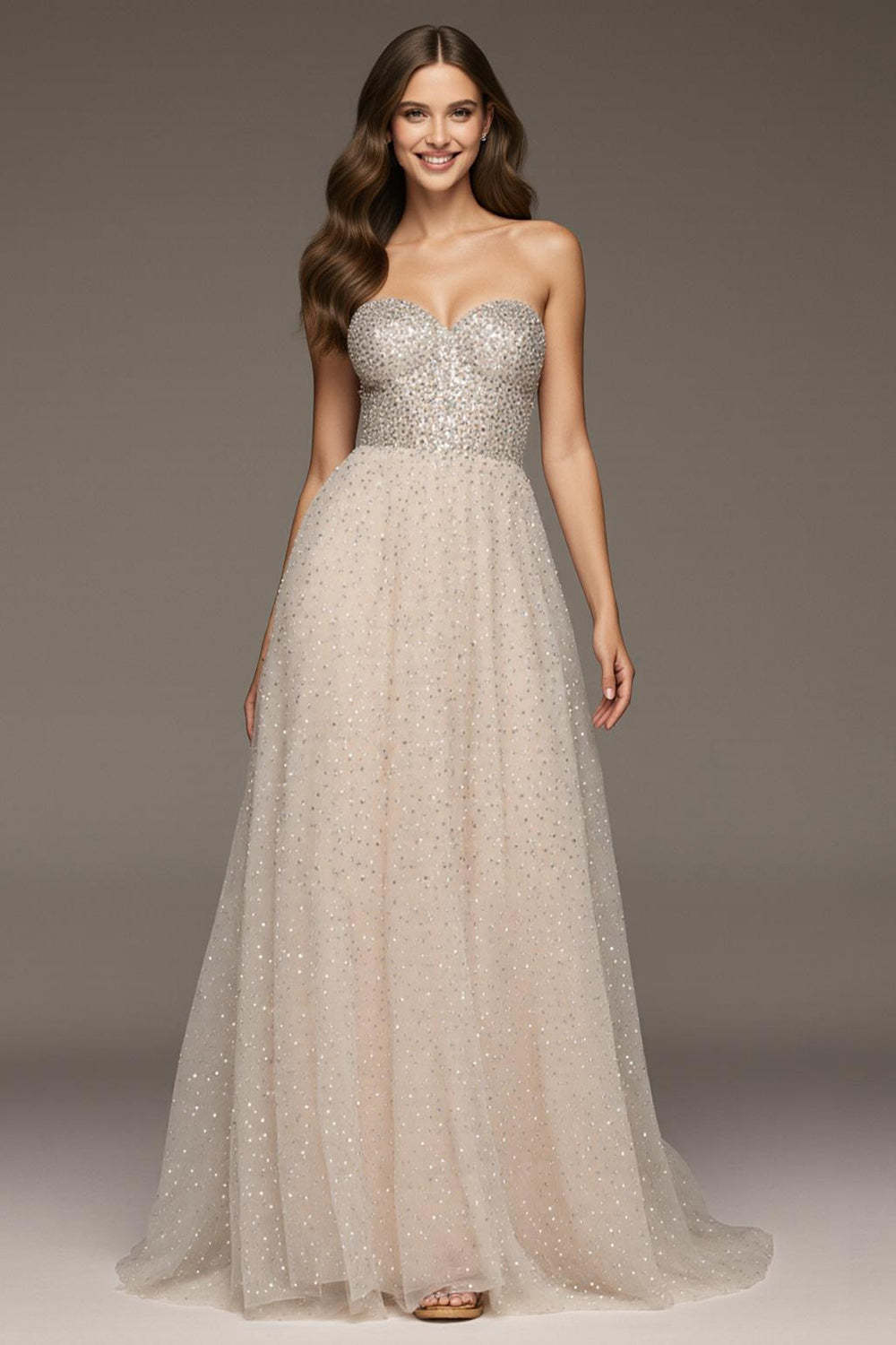 Leely Women Sparkly Ivory A-Line Maxi Formal Dress Sweetheart Sequin Holiday Party Dress