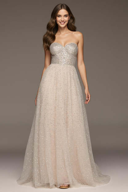 Leely Women Sparkly Ivory A-Line Maxi Formal Dress Sweetheart Sequin Holiday Party Dress