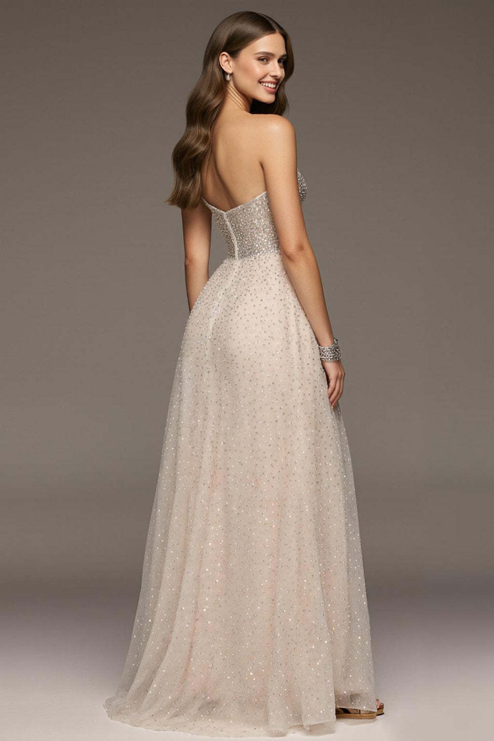 Sparkly Ivory Sweetheart Sequin A-Line Maxi Formal Dress