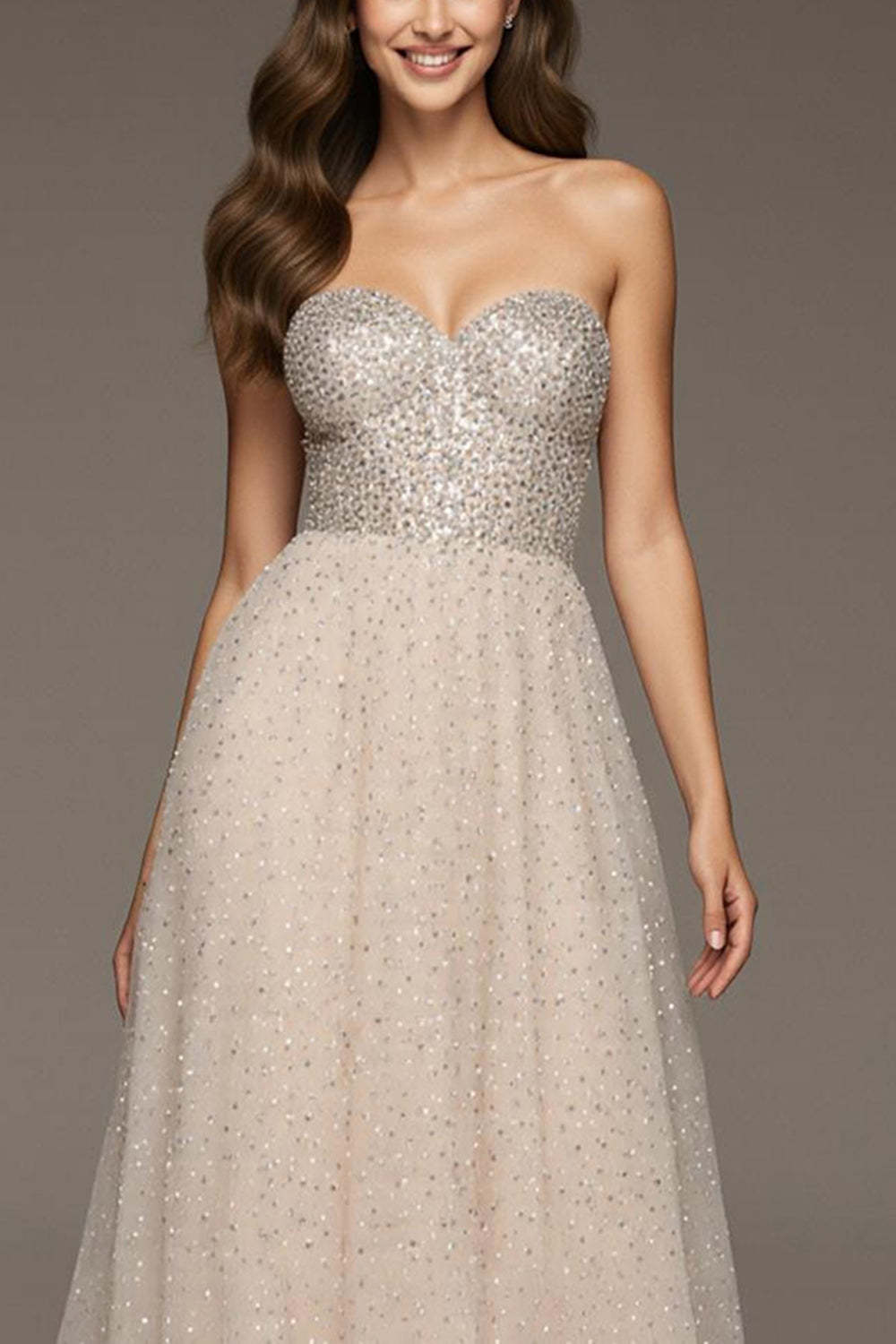 Sparkly Ivory Sweetheart Sequin A-Line Maxi Formal Dress