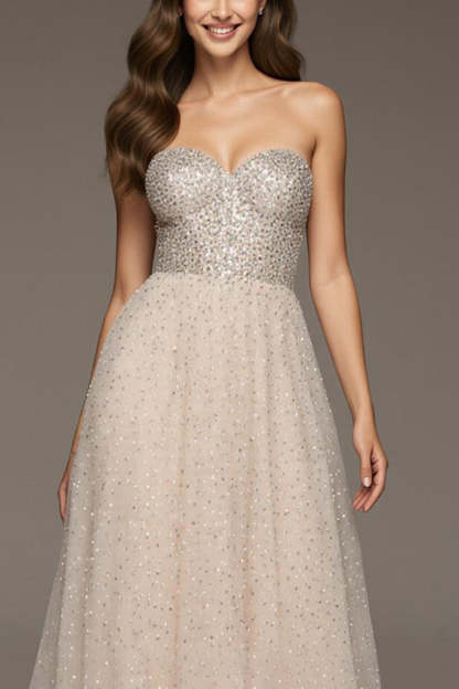 Sparkly Ivory Sweetheart Sequin A-Line Maxi Formal Dress
