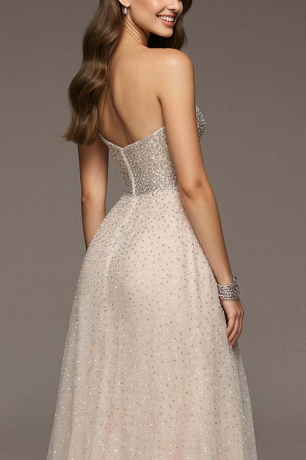 Sparkly Ivory Sweetheart Sequin A-Line Maxi Formal Dress