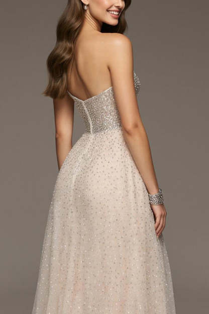 Sparkly Ivory Sweetheart Sequin A-Line Maxi Formal Dress