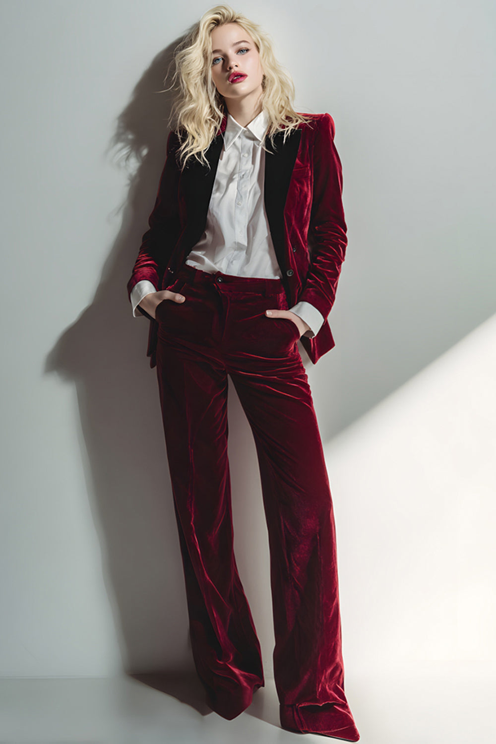 Burgundy 2 Piece Velvet Long Sleeves Prom Suits with Pockets