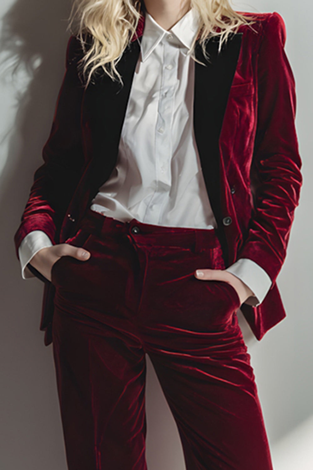 Burgundy 2 Piece Velvet Long Sleeves Prom Suits with Pockets