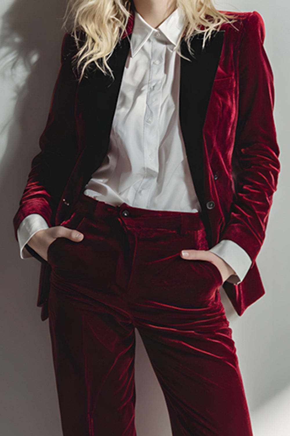 Burgundy 2 Piece Velvet Long Sleeves Prom Suits with Pockets