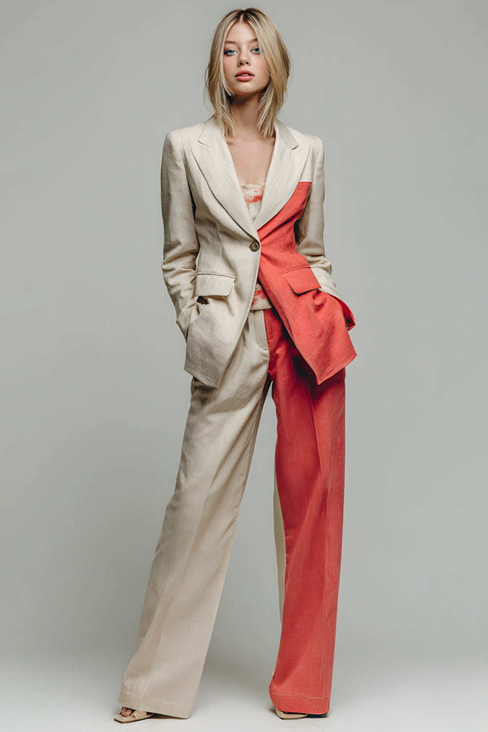 Leely Women Khaki 2 Piece Peak Lapel Prom Suits with Pockets Patchwork One Buttons Business Pantsuits