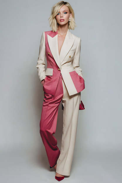 Leely Women Coral Ivory Peak Lapel Prom Suits with Pockets 2 Piece Patchwork Business Pantsuits with Sleeves