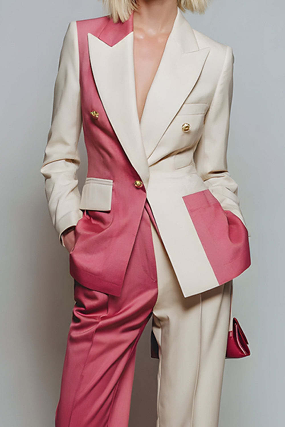 Coral Ivory Patchwork Peak Lapel 2 Piece Prom Suits with Pockets