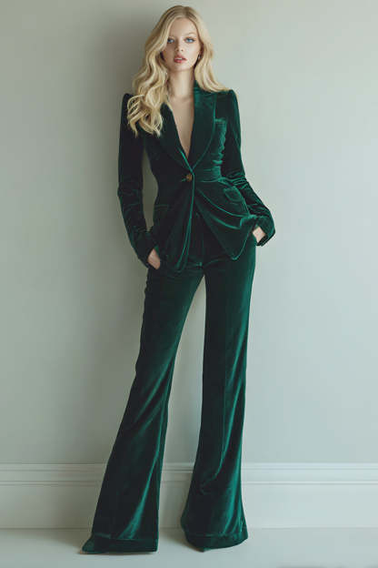 Leely Women Dark Green 2 Piece Velvet Prom Suits with Pockets One Button Party Tuxedo with Sleeves