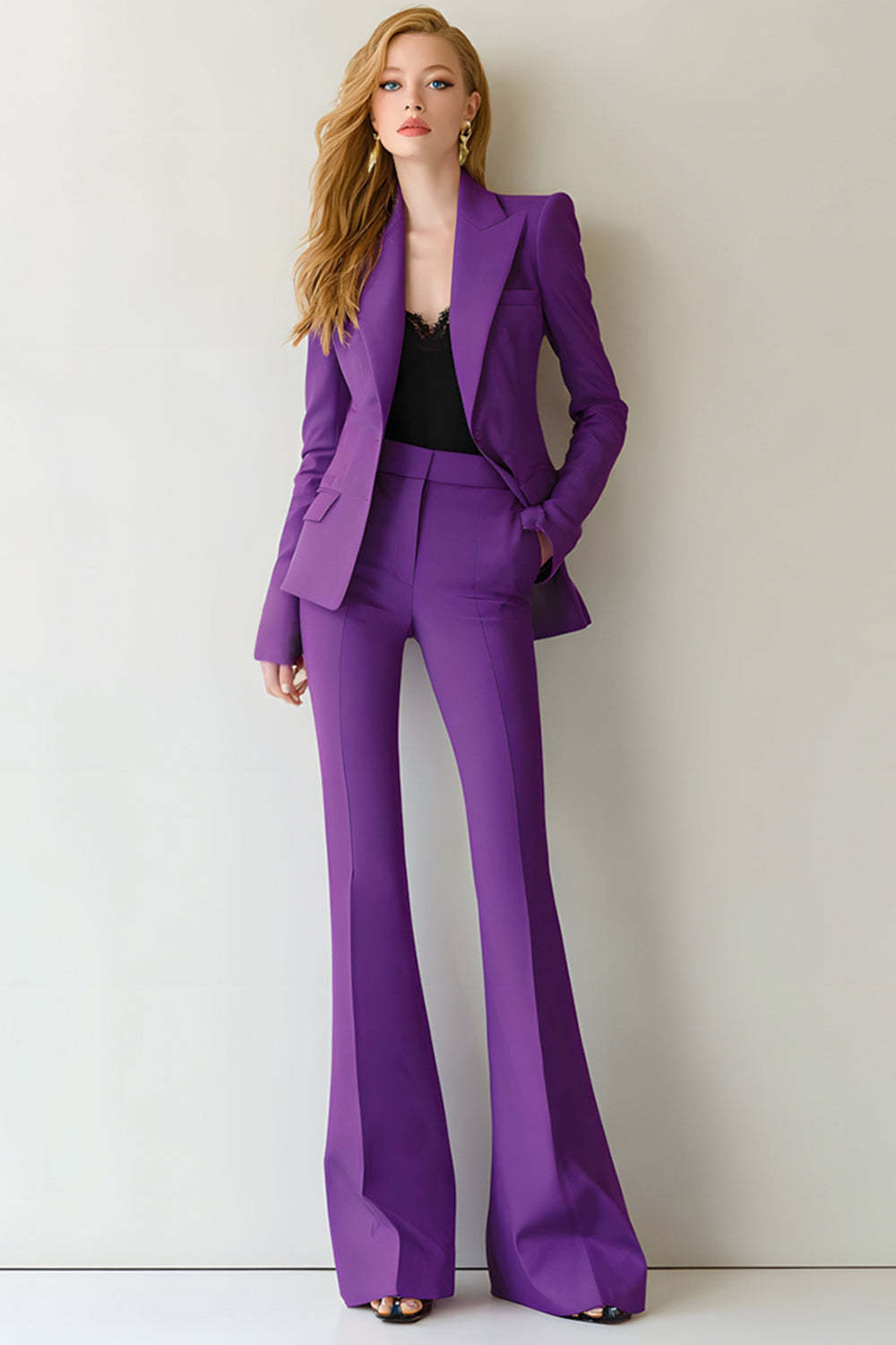 Leely Women 2 Piece Dark Purple Prom Suits with Pockets Peak Lapel Business Pantsuits with Sleeves