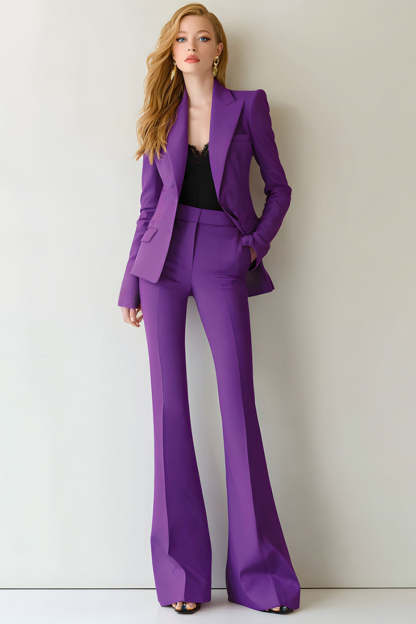 Leely Women 2 Piece Dark Purple Prom Suits with Pockets Peak Lapel Business Pantsuits with Sleeves