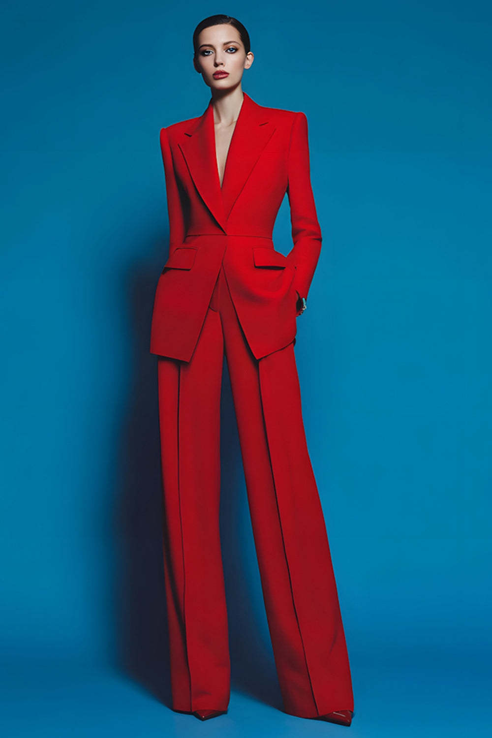 Leely Women 2 Piece Red Prom Suits with Pockets Notched Lapel Work Pantsuits with Sleeves