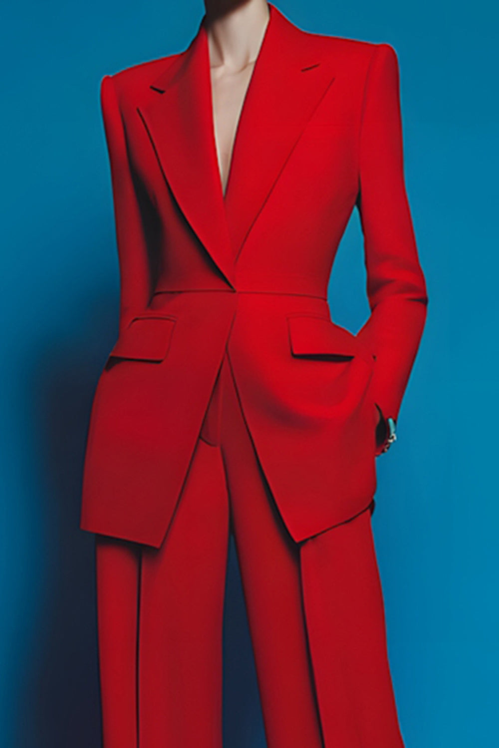 Red Notched Lapel 2 Piece Long Sleeves Prom Suits with Pockets