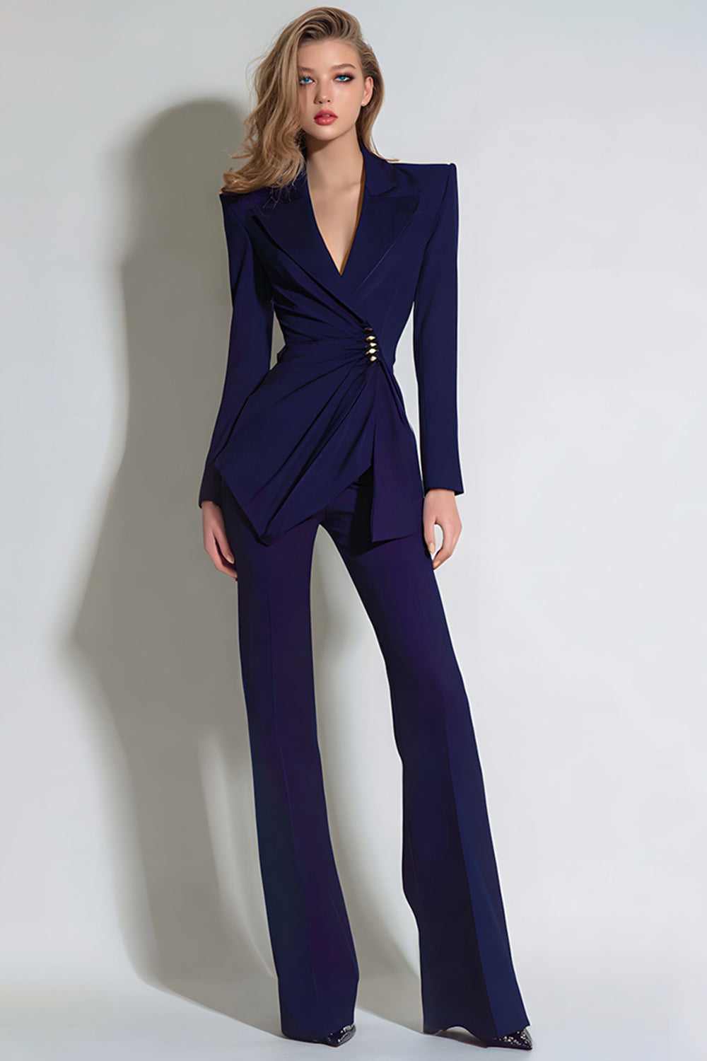 Leely Women Dark Purple Notched Lapel Prom Suits Ruched 2 Piece Work Pantsuits with Sleeves