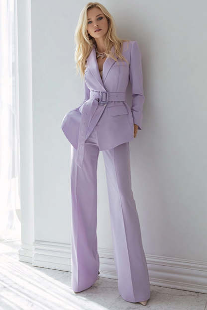 Leely Women 2 Piece Lilac Prom Suits with Belt Long Sleeves Business Pantsuits with Pockets