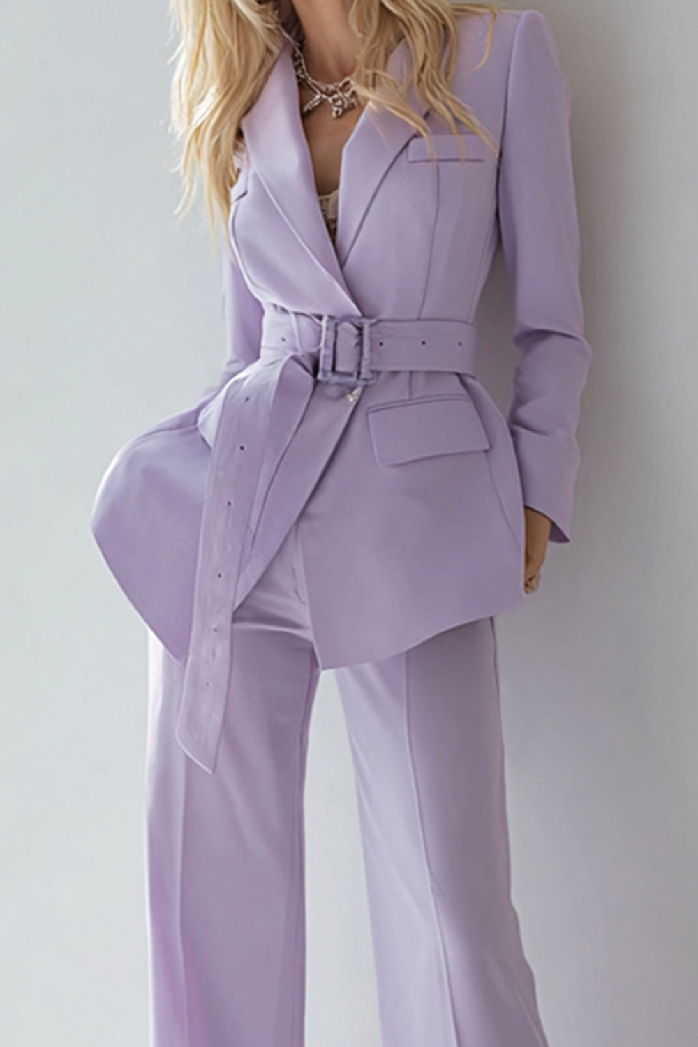 Lilac Long Sleeves 2 Piece Prom Suits with Belt