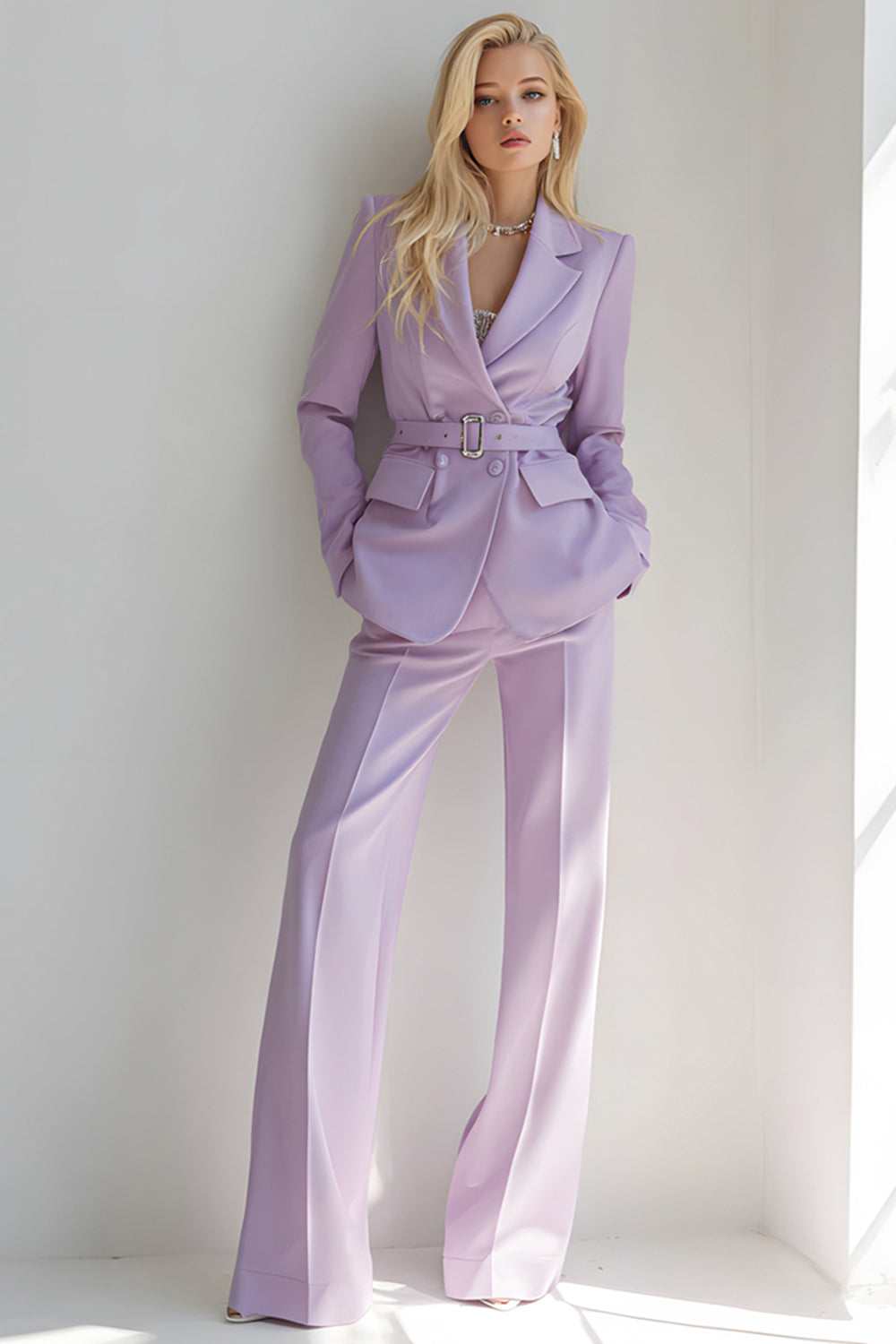 Leely Women Lilac 2 Piece Notched Lapel Prom Suits with Belt Long Sleeves Double Breasted Business Pantsuits with Pockets
