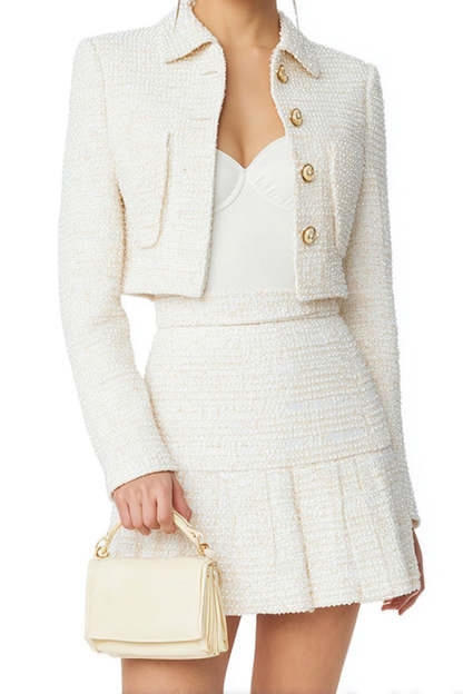 White Single Breasted 2 Piece A Line Short Tweed Interview Outfits
