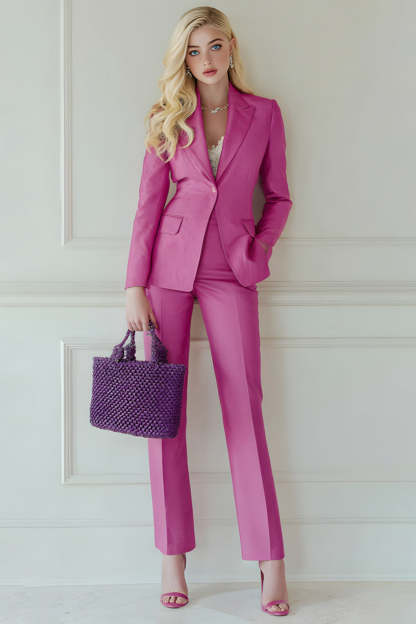 Leely Women Fuchsia 2 Piece Prom Suits with Pockets Notched Lapel One Button Business Pantsuits with Sleeves