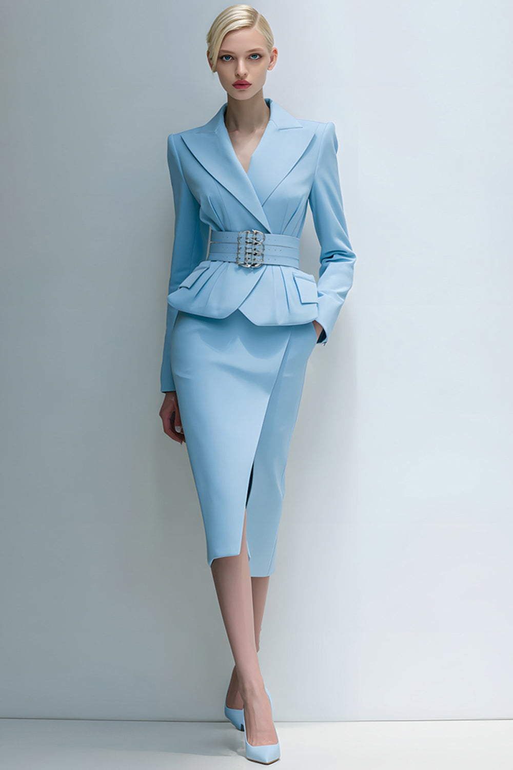 Blue Peak Lapel Pencil 2 Piece Midi Business Suits with Pockets