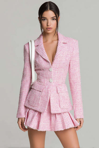 Leely Women Pink 2 Piece Short Tweed Pageant Interview Outfits with Pockets Single Breasted A Line Notched Lapel Homecoming Suits