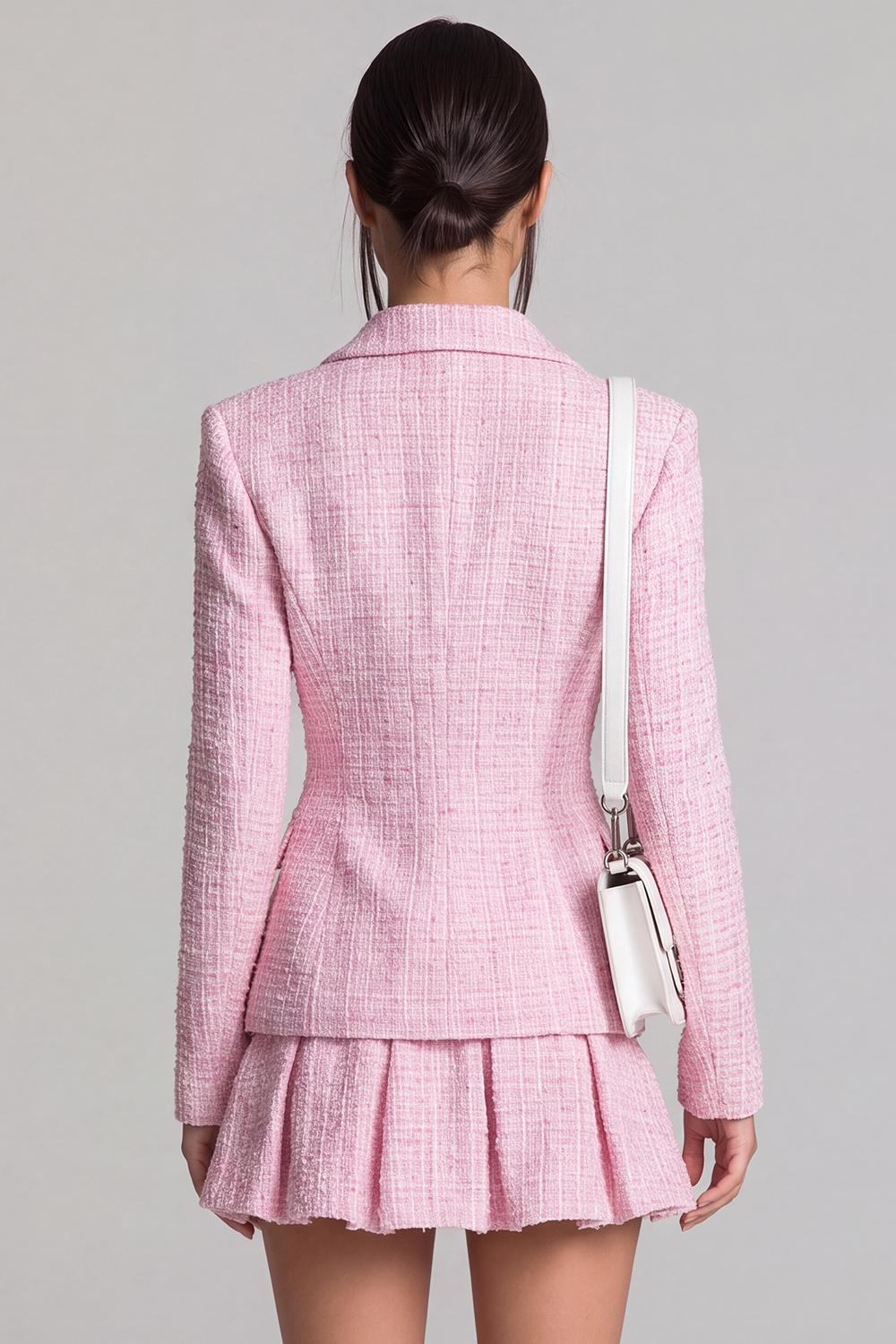 Pink 2 Piece Single Breasted A Line Short Pageant Tweed Interview Outfits with Pockets