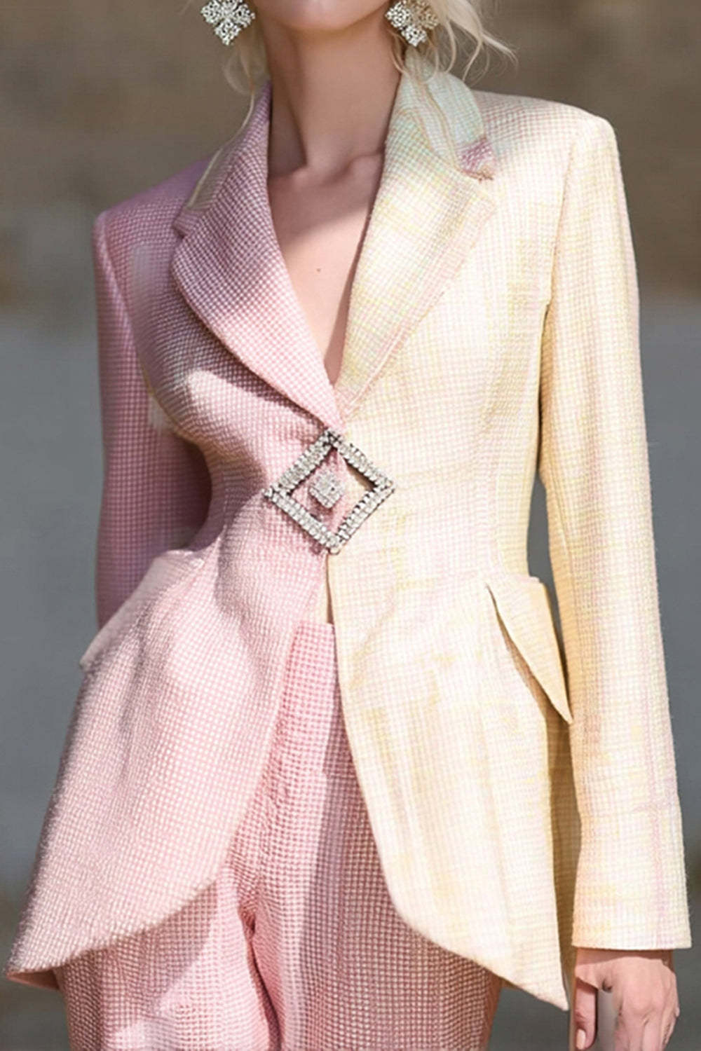Pink Ivory Notched Lapel Patchwork Long Sleeves Prom Blazer