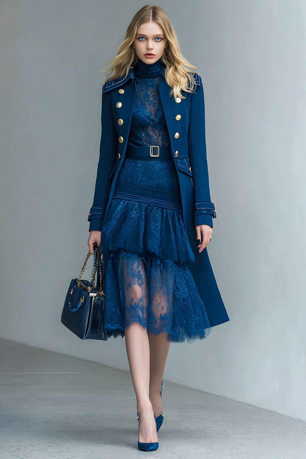 Leely Women Dark Blue Prom Blazer with Buttons Long Sleeves Double Breasted Party Jacket