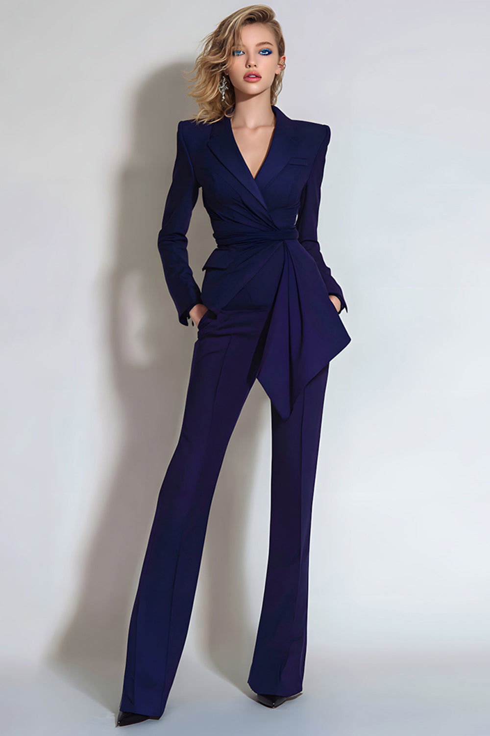 Dark Purple 2 Piece Slim Fit Long Sleeves Ruched Prom Suits with Sash
