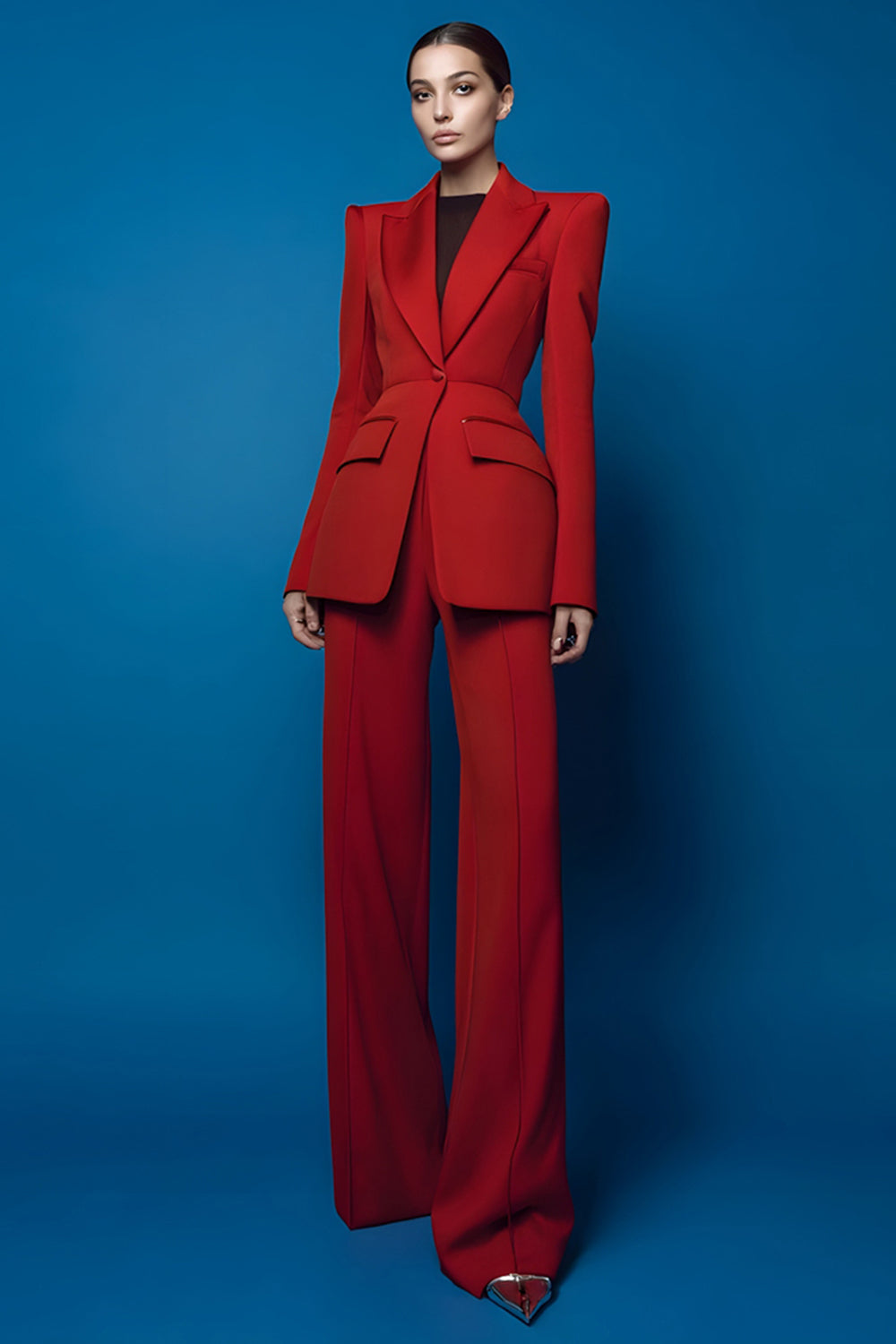 Leely Women Red 2 Piece Long Sleeves Prom Suits One Button Peak Lapel Slim Fit Business Pantsuits