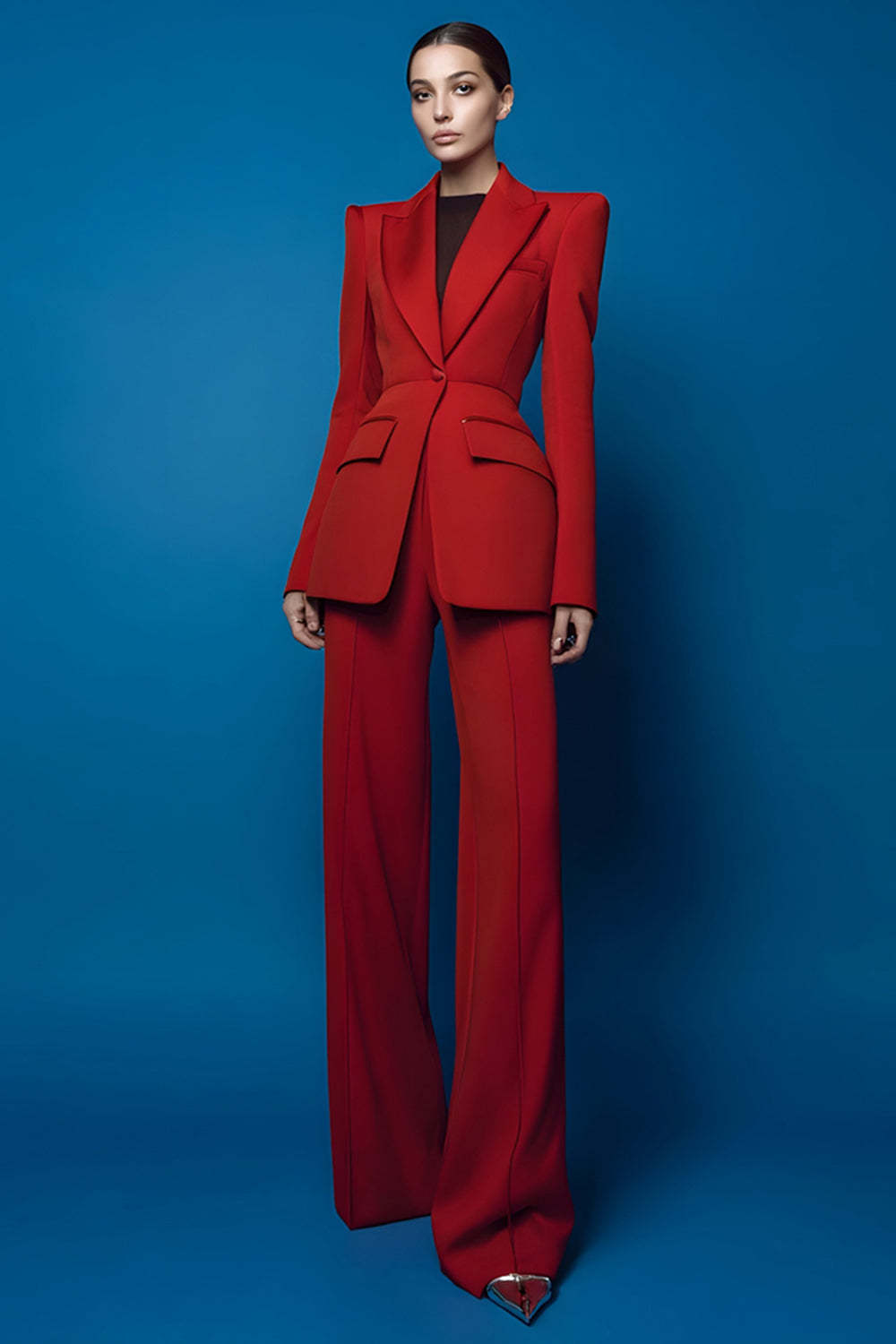 Leely Women Red 2 Piece Long Sleeves Prom Suits One Button Peak Lapel Slim Fit Business Pantsuits