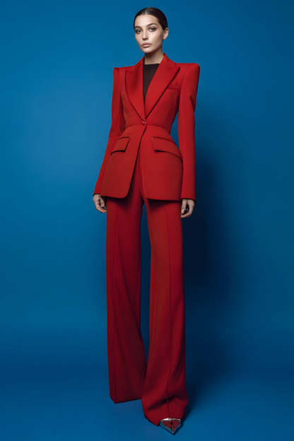 Leely Women Red 2 Piece Long Sleeves Prom Suits One Button Peak Lapel Slim Fit Business Pantsuits