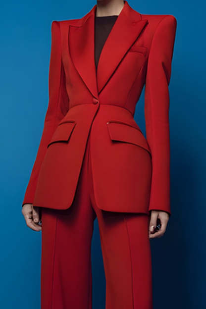 Red Peak Lapel 2 Piece One Button Long Sleeves Prom Suits