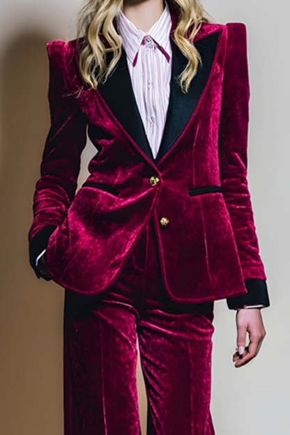 Burgundy Velvet 2 Piece Peak Lapel Long Sleeves Prom Suits