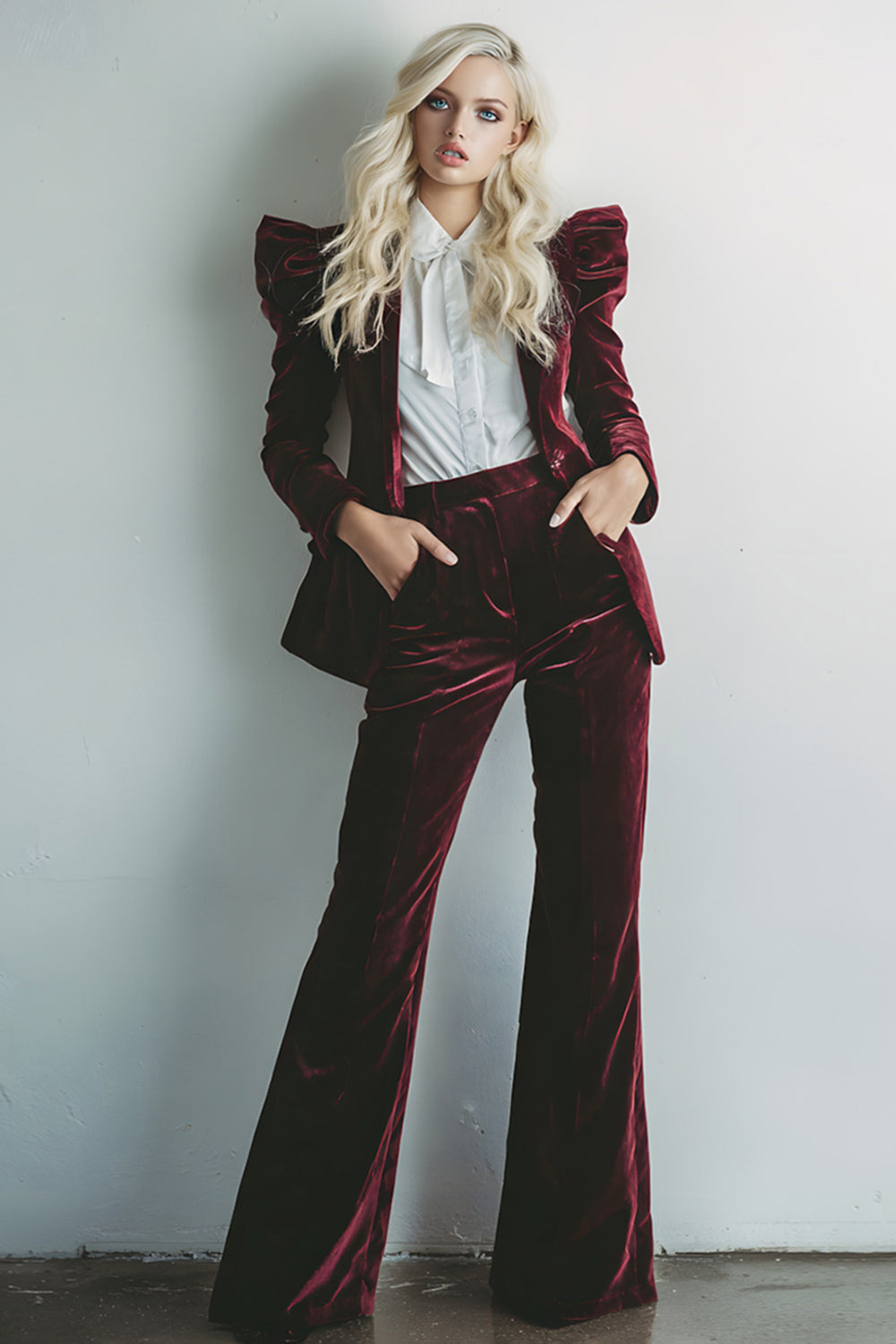 Burgundy Velvet 2 Piece Long Sleeves Prom Suits