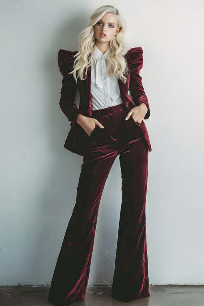 Leely Women Burgundy Long Sleeves Velvet Prom Suits with Pockets 2 Piece Party Tuxedo